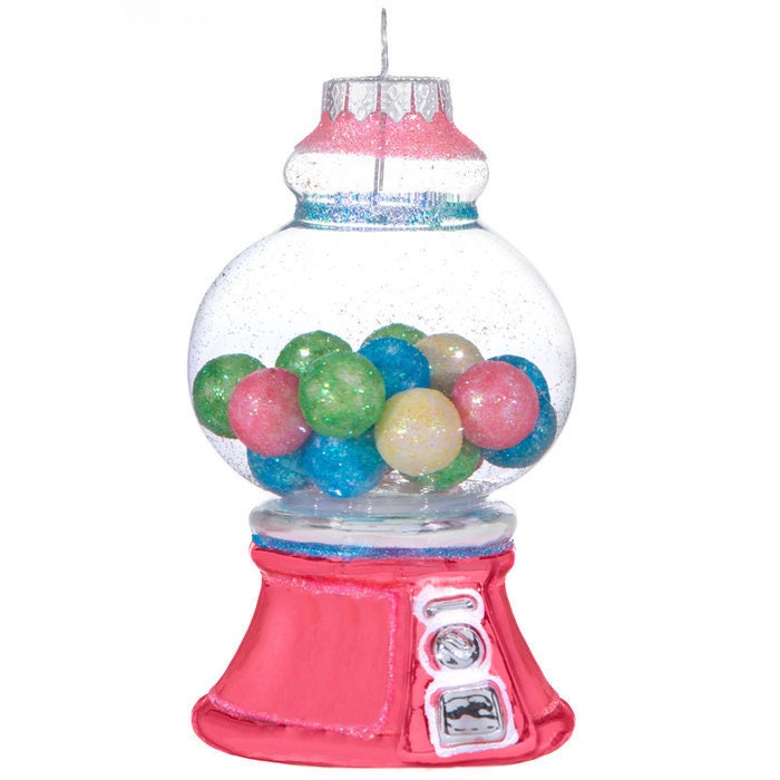 Gumball Machine GLASS Christmas Tree Holiday Ornament pink glass clear top colorful glittery foam gumballs