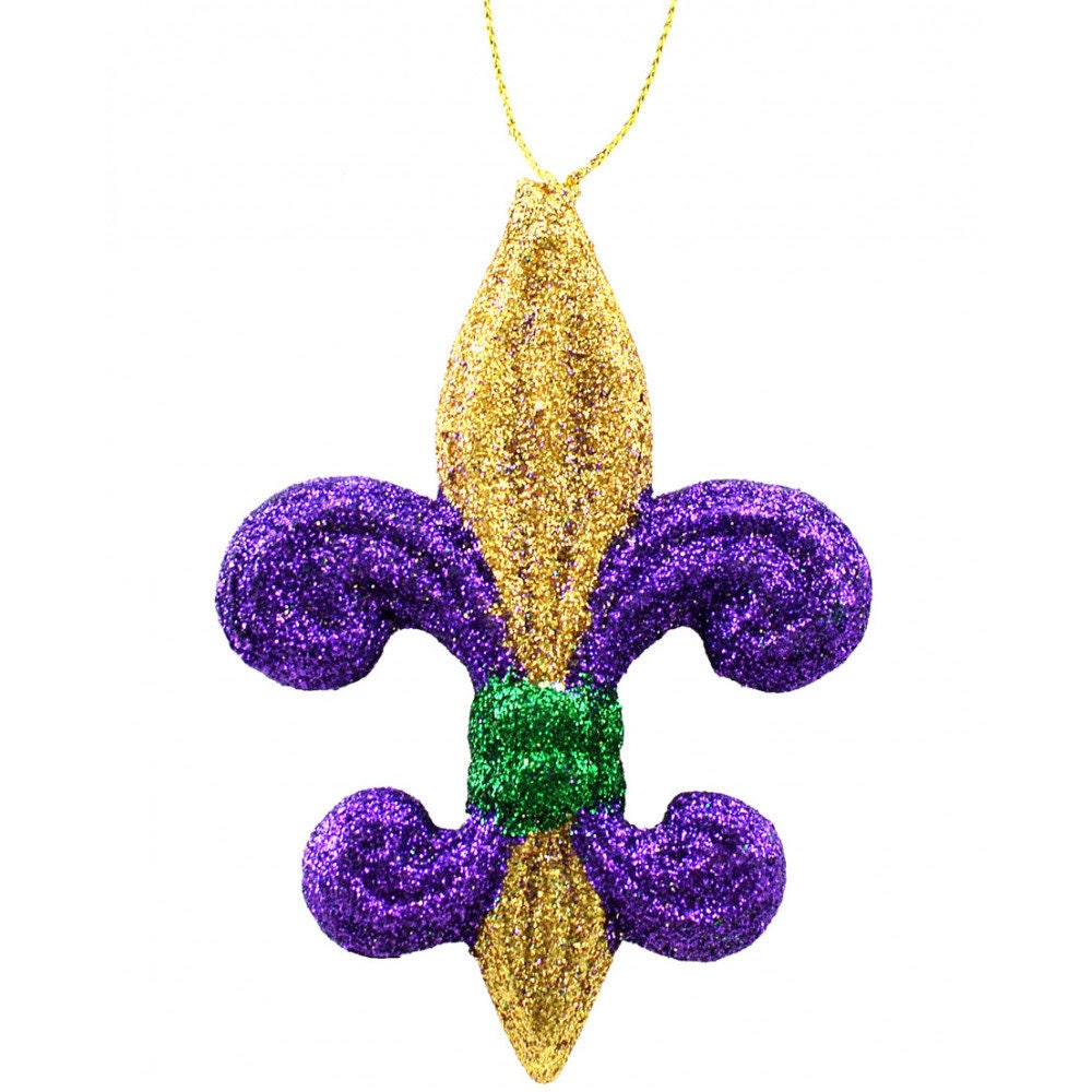 4" Purple Green Gold Glitter Fleur de Lis Mardi Gras Christmas Tree Holiday Ornament Decoration wreath