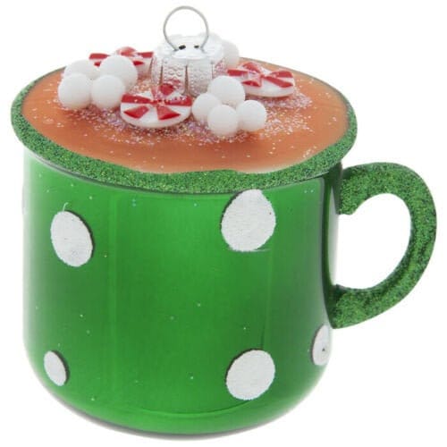 Green Mug Of Hot Chocolate Ornament Peppermints CAFE AU LAIT Glass Coffee Christmas Holiday Ornament Beignets New Orleans