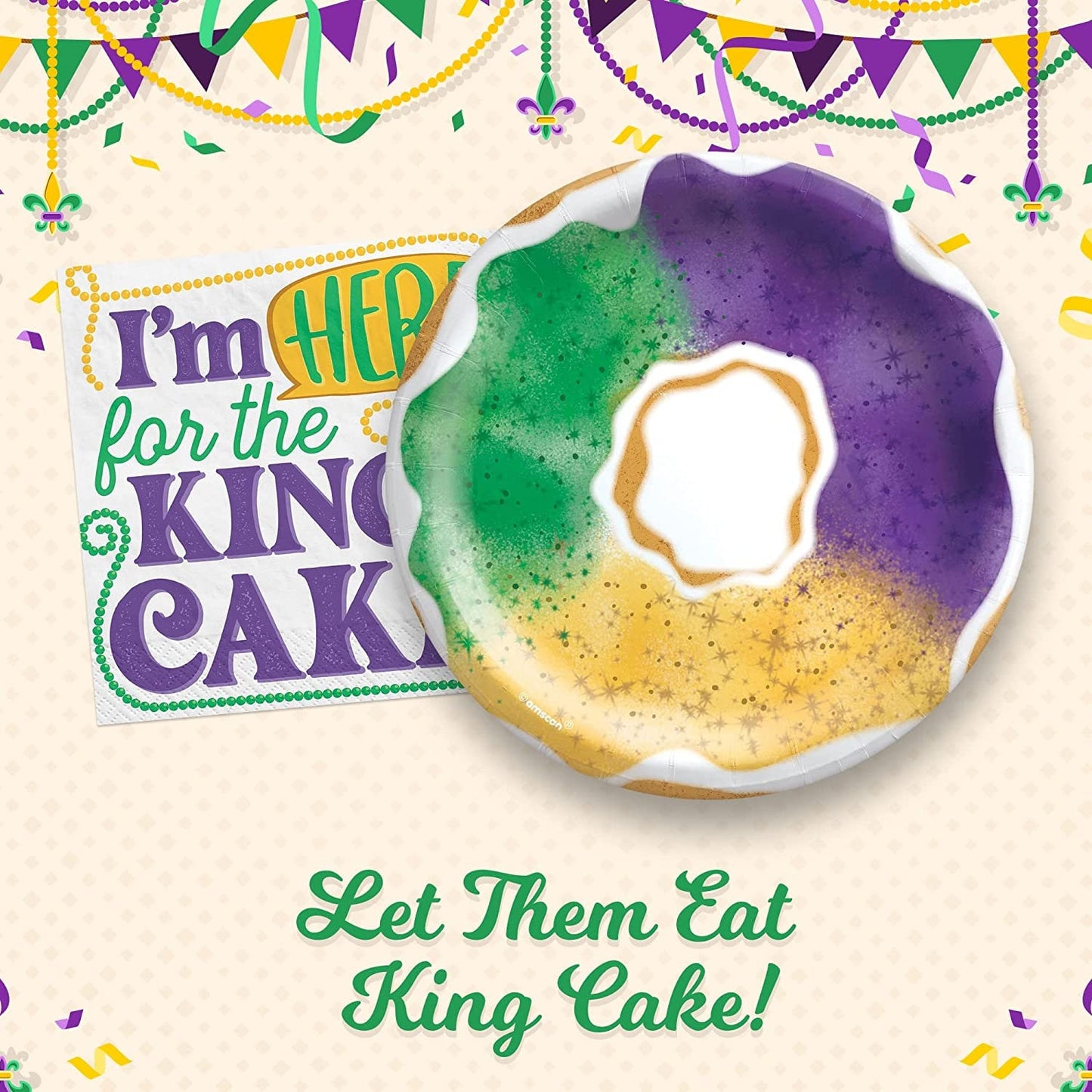 Mardi Gras Fat Tuesday Carnival King Cake desert platter Bundle Round Plates 7"Napkins Paper Party Supplies Bourbon St New Orleans