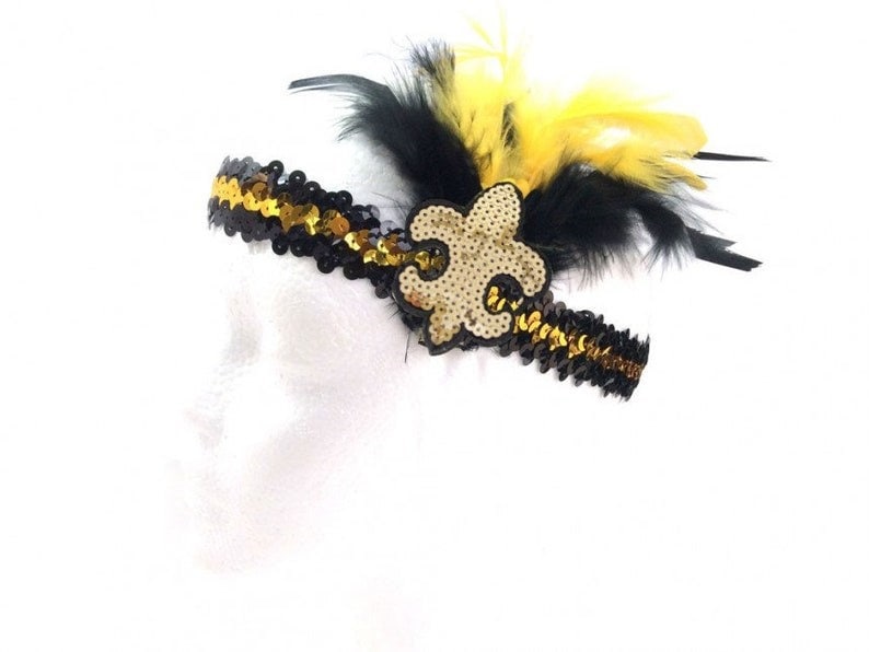 The Black and Gold Fleur De Lis Sequin and Feathered Headband Saints New Orleans Flapper Mardi GRas