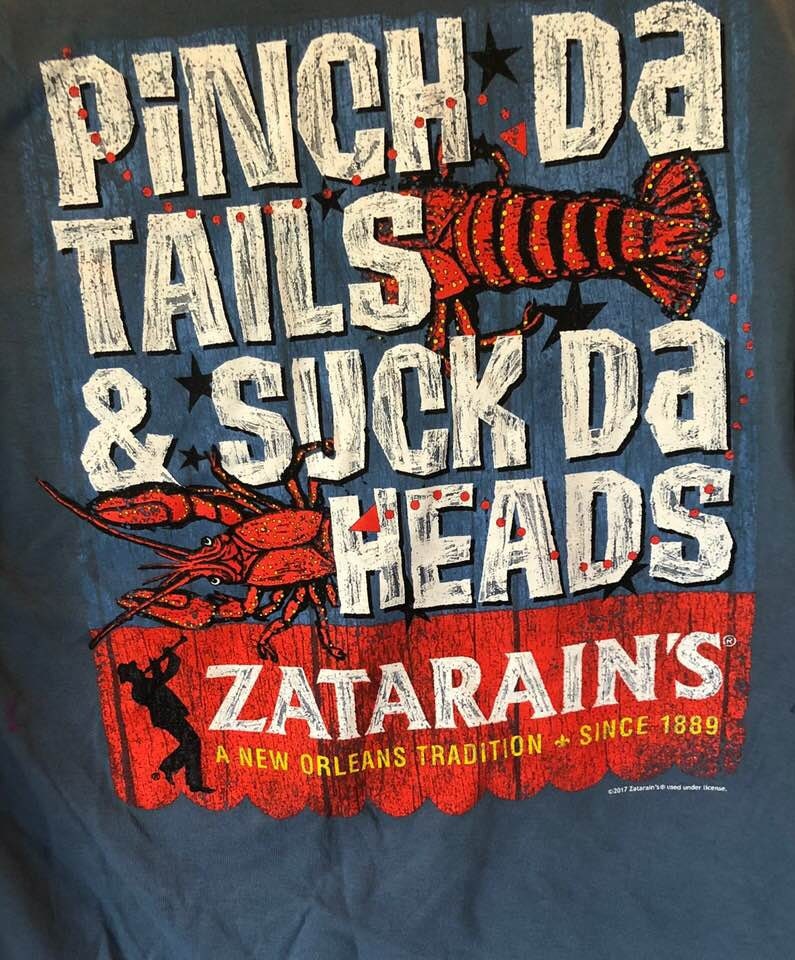 Zatarain's Men's Pinch Da Tails Suck da Heads MEDIUM Crawfish Lobster T-Shirt Crab Seafood Boil Party Cajun Creole New Orleans