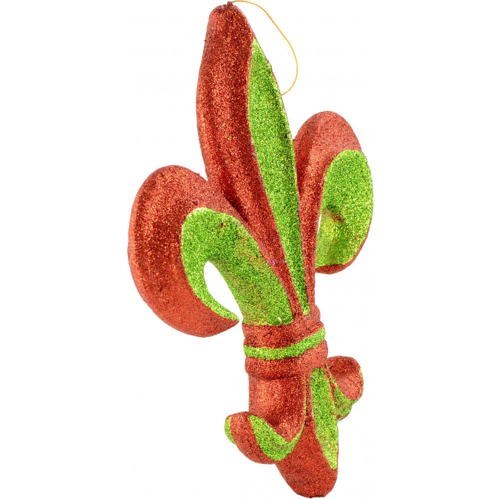 10" Fleur de Lis Ornament: Red & Green Glitter Christmas 10" Tall By 8" Wide Christmas Mardi Gras Tree Holiday