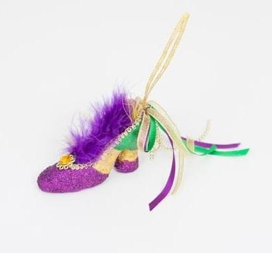 New Orleans Mardi Gras Christmas Glitter Purple green gold high heel Muses inspired shoe ornament decor color will vary