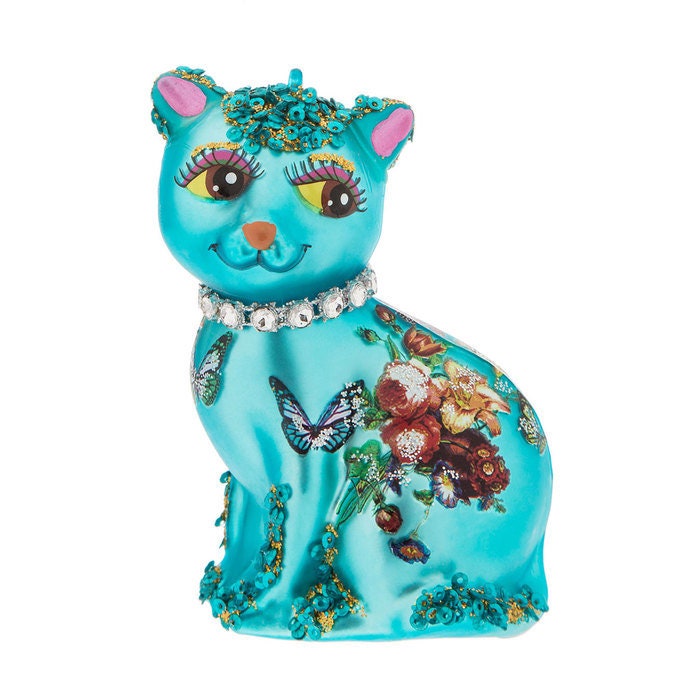 Mardi Gras Blue Glass  Cat With Flowers, Butterflies & Glitter Christmas Holiday Ornament New Orleans