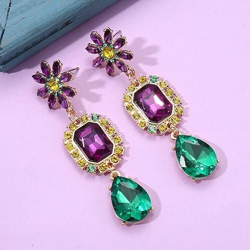 Mardi Gras crystal stone  Purple Green Gold Earrings parade ball masquerade