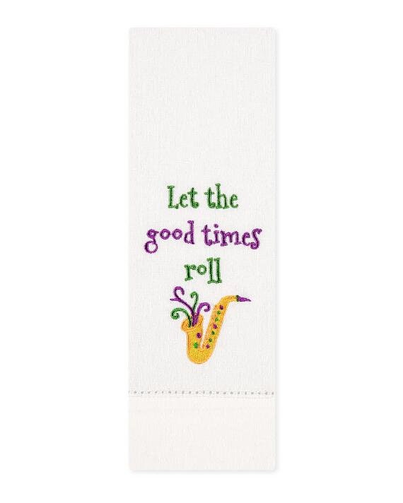 Let the Good Times Roll Decorative Towel  Embroidered Tea  laissez bon temps rouler saxophone  in purple, green and gold decorative towel