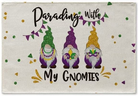 Mardi Gras  Parading with My Gnomes Carnival Placemat Dining Table, 12 x 18 In Washable Table Mat Home Decorations Boil Seafood