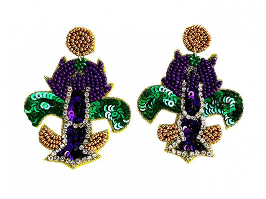 Mardi Gras Sequin Crawfish Fleur De Lis Post Earrings crystal Lobster Crayfish Pierced Dangle Earrings Red Seed Bead Hook