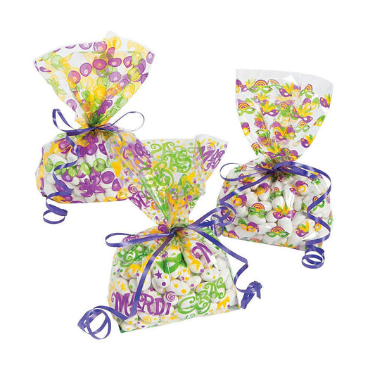 CHOOSE FROM 3 STYLES! 11" Mardi Gras Assorted Cellophane Favor Bags (12) fleur de lis beads mask