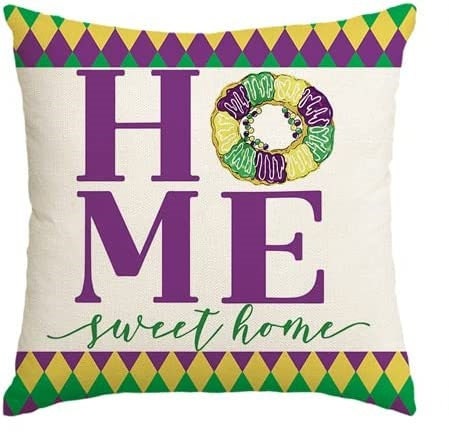 Mardi Gras Pillow Cover NOLA HOME King Cake Sweet Harlequin Fleur De lis  for Home Decorations Beads Throw Pillows Decorative Fat Tuesday