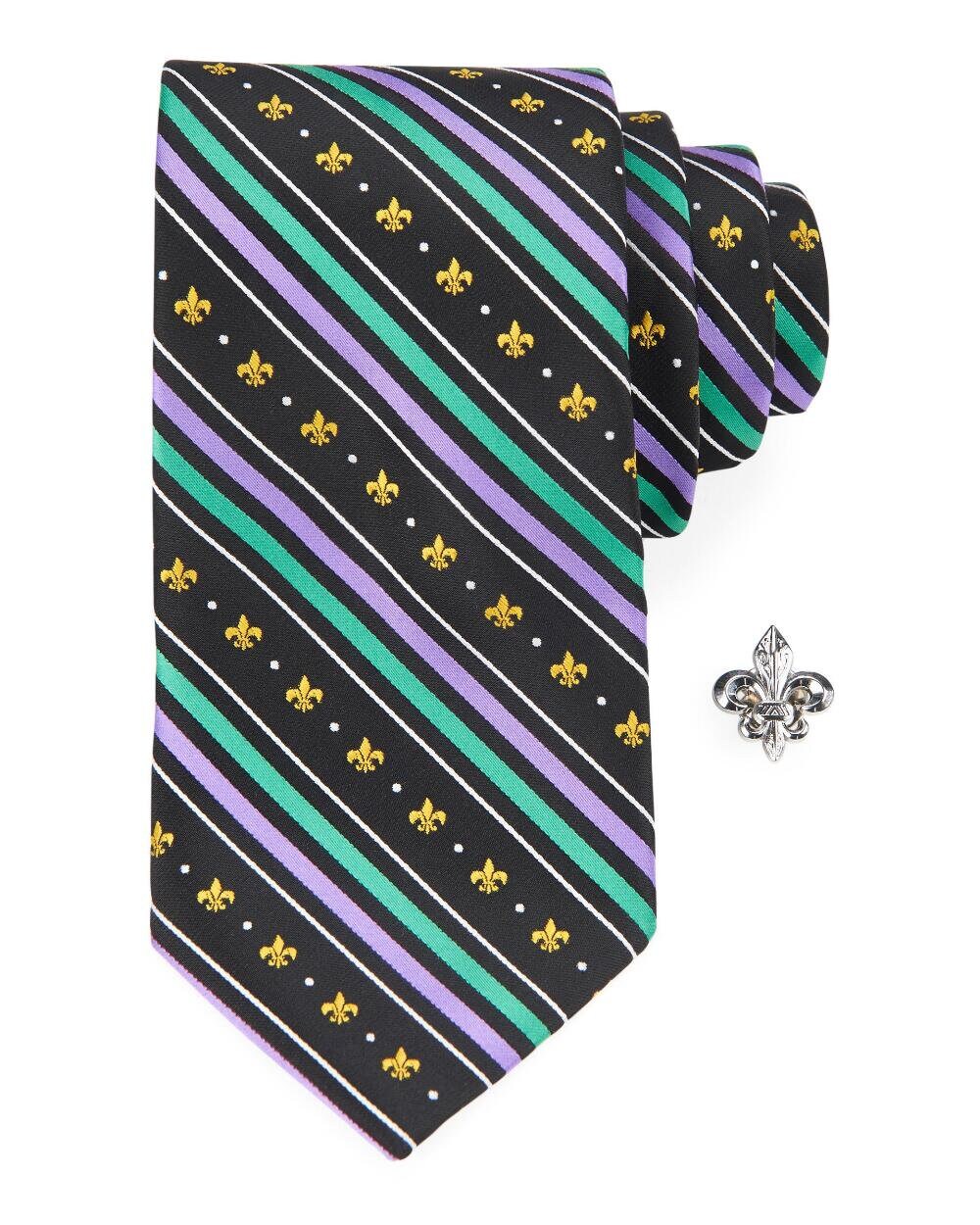 Mardi Gras Men's Paisley Print Tie & Lapel Pin Set Carnival Fat Tuesday Masquerade Costume Ball Gala