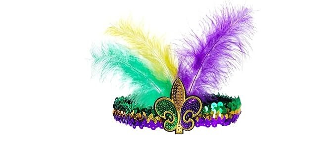 MARDI GRAS FEATHER Elastic Sequin Headband Fleur De Lis Sequin Headband New Orleans