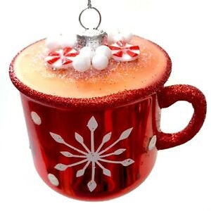 Red Mug Of Hot Chocolate Ornament Peppermints CAFE AU LAIT Glass Coffee Christmas Holiday  Ornament Beignets New Orleans