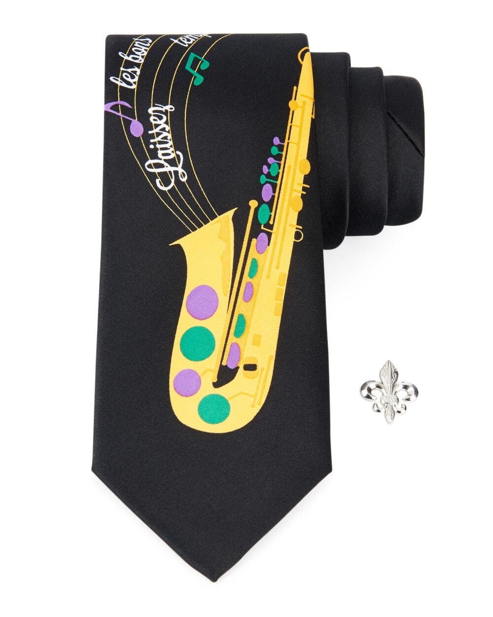 Mardi Gras Men's jazz Print Tie & Lapel Pin Set Carnival Fat Tuesday Masquerade Costume Ball Gala