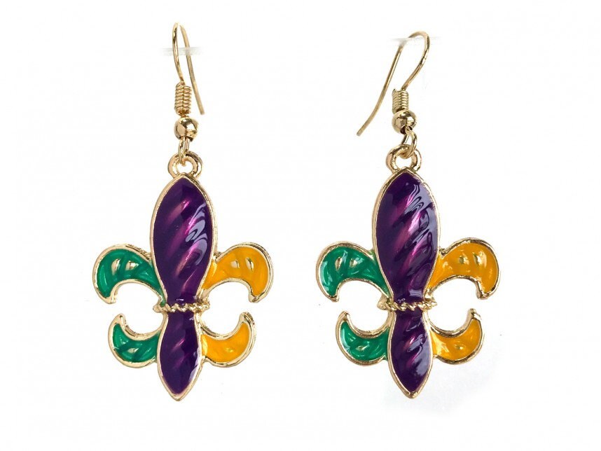 Mardi Gras Stripe Pattern Fleur De Lis Hook Earrings Purple Green Gold parade Masquerade Ball