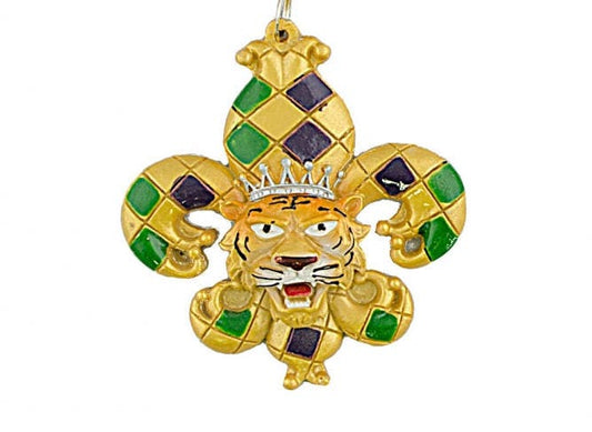 Hand Painted Harlequin Mardi Gras King Tiger Fleur De Lis LSU Tigers Holiday Christmas Tree Ornament Free Gold Gift Pouch Purple Green Gold