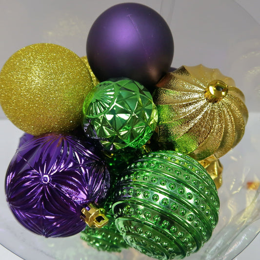 PGG Mardi Gras round Lis Ornaments: assorted (Set of 6) Purple Green Gold Christmas Tree Decor