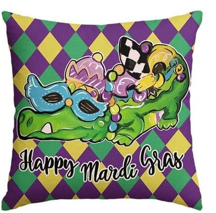 Mardi Gras Pillow Cover Alligator Harlequin Fleur De lis  for Home Decorations Beads Fleur De Lis Throw Pillows Decorative Fat Tuesday