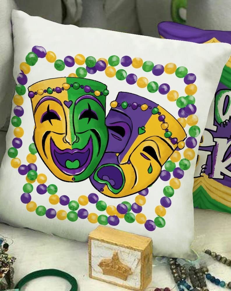 Mardi Gras Beads please King cake NOLA  Comedy Tragedy beads harlequin fleur de lis  pillow cover case Decorations Decor