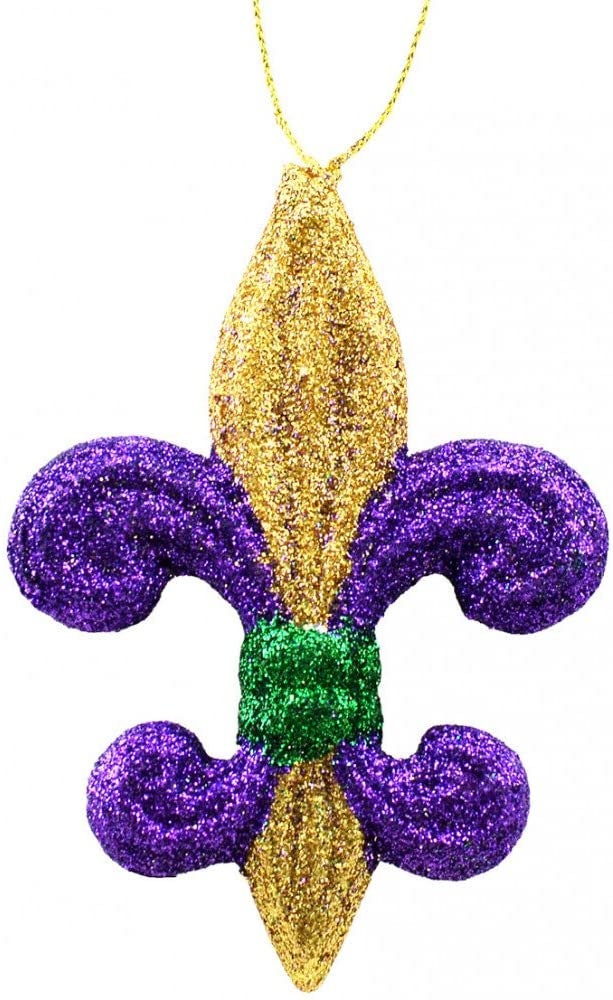 Set of (2) 4" INCH Fleur de Lis Purple Green Gold Mardi Gras Holiday Christmas Ornaments New Orleans