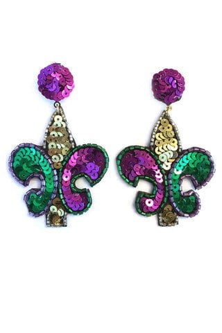 Mardi Gras Sequin Fleur De Lis Dangle Post Earrings New Orleans Parade Wear Carnival Masquerade Ball Party