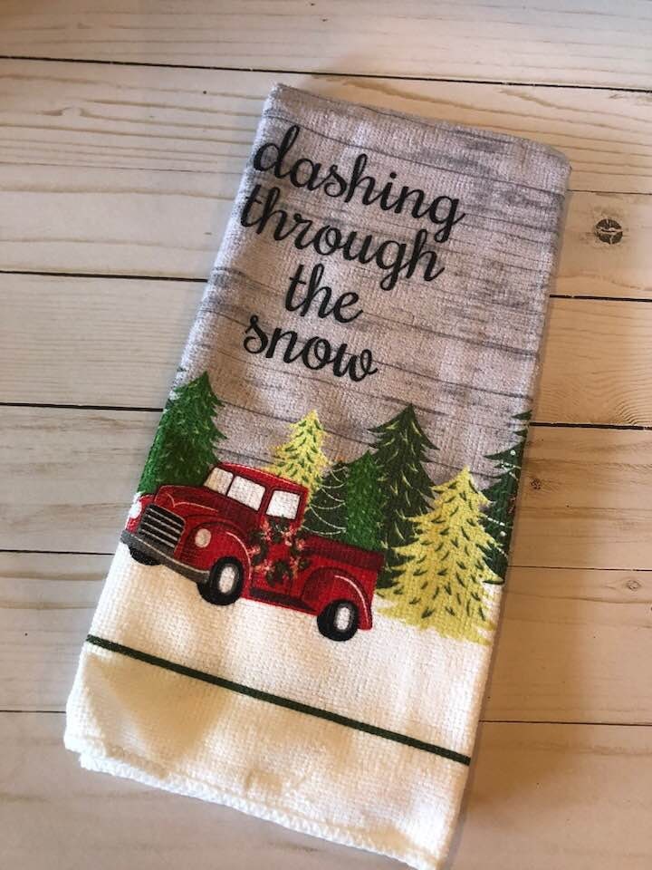 Christmas Dashing Through The Snow Microfiber Kitchen Towels, 15x25 in Red Truck Dishcloths Tea