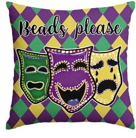 Mardi Gras comedy tragedy crown beads harlequin fleur de lis King Cake pillow cover case Decorations Decor  NEW ORLEANS