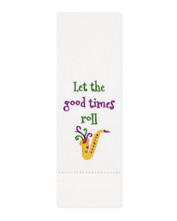 Let the Good Times Roll Decorative Towel  Embroidered Tea  laissez bon temps rouler saxophone  in purple, green and gold decorative towel