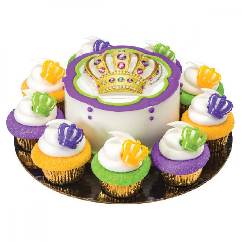 Mardi gras purple green gold Crown Ring Cupcake Toppers (12) Parade masquerade parade party pick picks