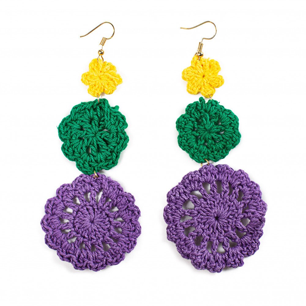 Mardi Gras CROCHET EARRINGS Fat Tuesday Carnival costume Purple Green Gold