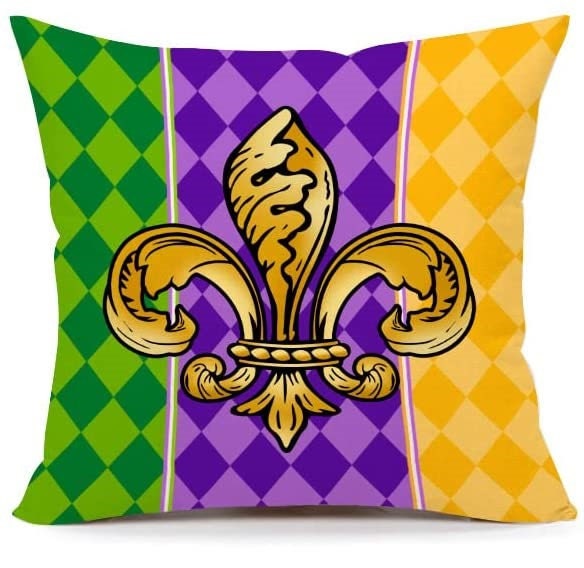 Mardi Gras Pillow Cover for Home Decorations Beads Fleur De Lis HARLEQUIN Mask Gnomes Farm Truck  purple green gold Decorative