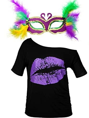 Mardi Gras Purple Lips Tee and FEATHER MASK Carnival Time Tee, NOLA Shirt, Women t Shirt Parade Party Let The Good Time Roll Fleur De Lis!