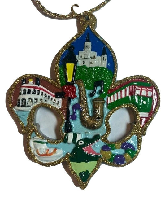 New Orleans Mardi Gras Christmas Tree Ornament Scenery Fleur de Lis Cafe Du Monde Alligato King Cake Streetcar St. Louis Cathedral Natchez