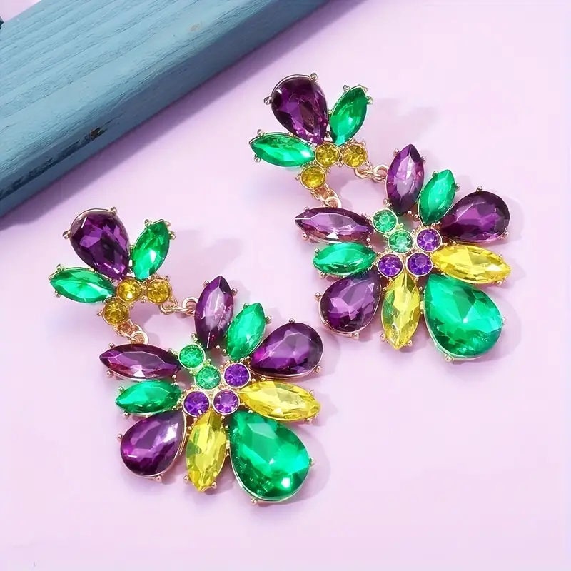 Mardi Gras crystal stone  Purple Green Gold Earrings parade ball masquerade