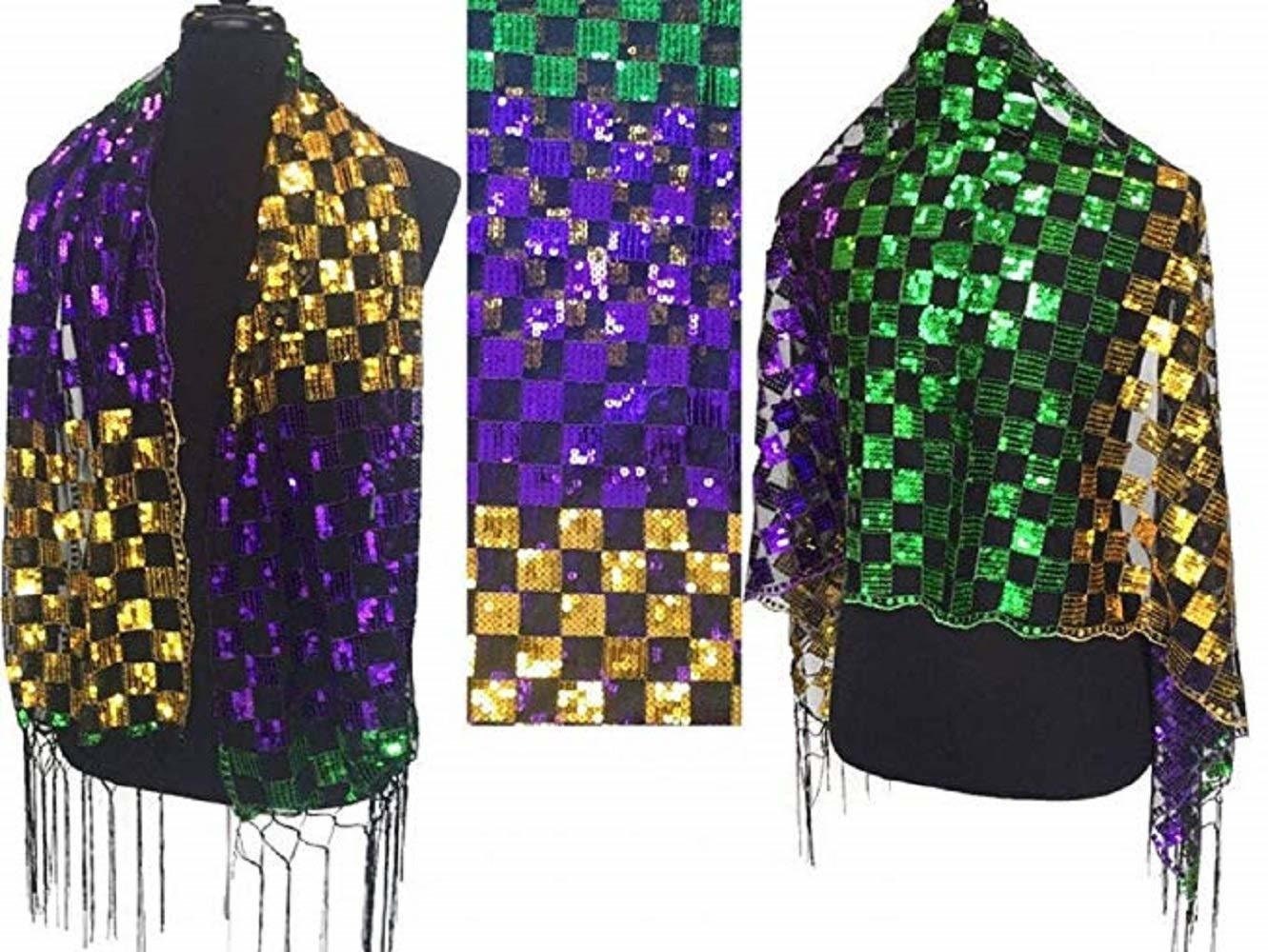 Mardi Gras Scarf Shawl With Fleur De Lis Purple Green Gold Sequin Fringe