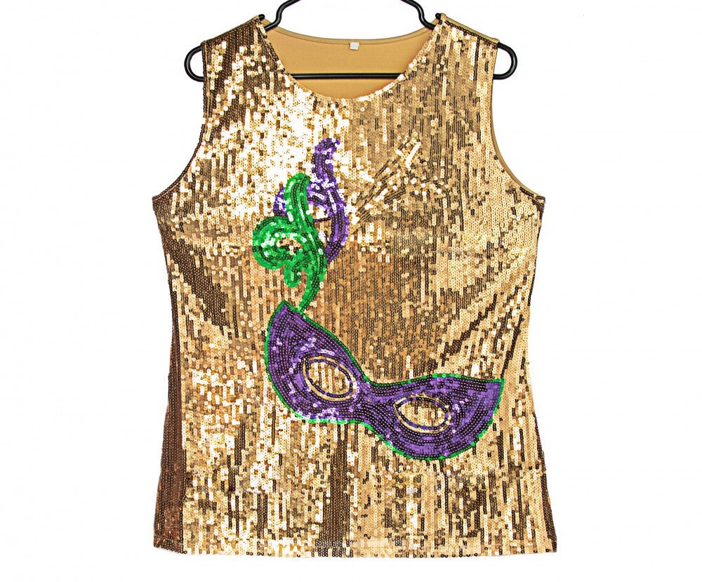 Mardi Gras Mask Sequin Top shirt blouse  (Medium) carnival mask purple green gold