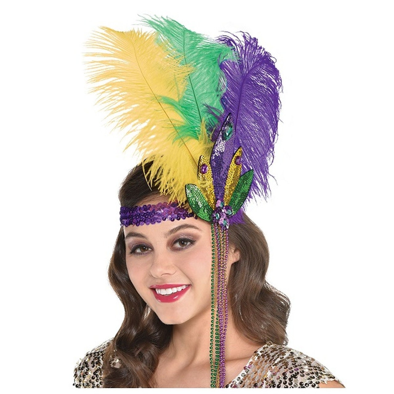 MARDI GRAS FEATHER Elastic Sequin Headband Jewel Sequin Headband New Orleans Bourbon St. Costume Parade Wear Headpiece