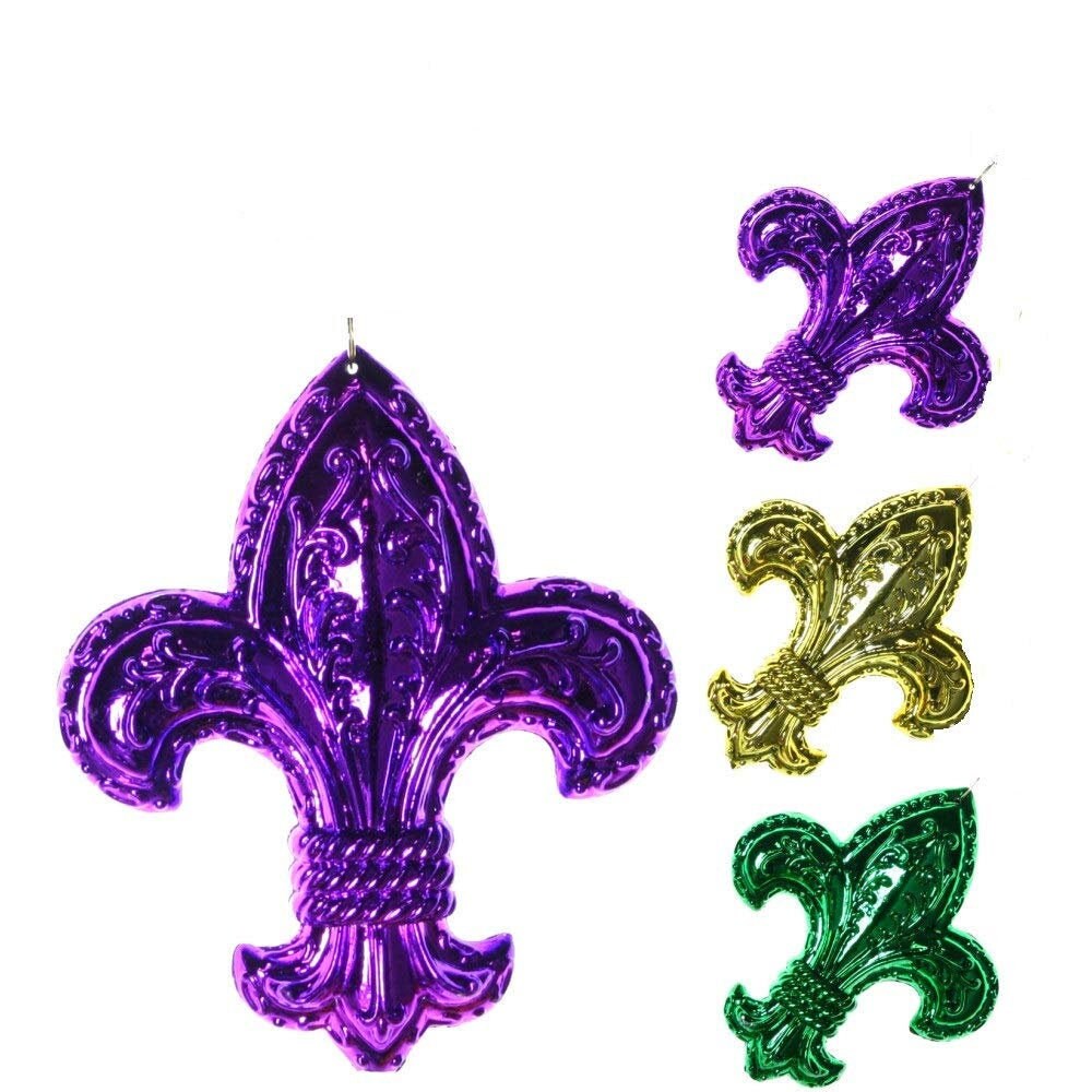 Fleur de Lis Mardi Gras Ornaments: 5" Large Jumbo Set of (3) Purple Green Gold Holiday Tree Christmas