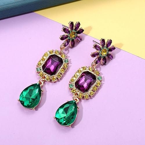 Mardi Gras crystal stone  Purple Green Gold Earrings parade ball masquerade