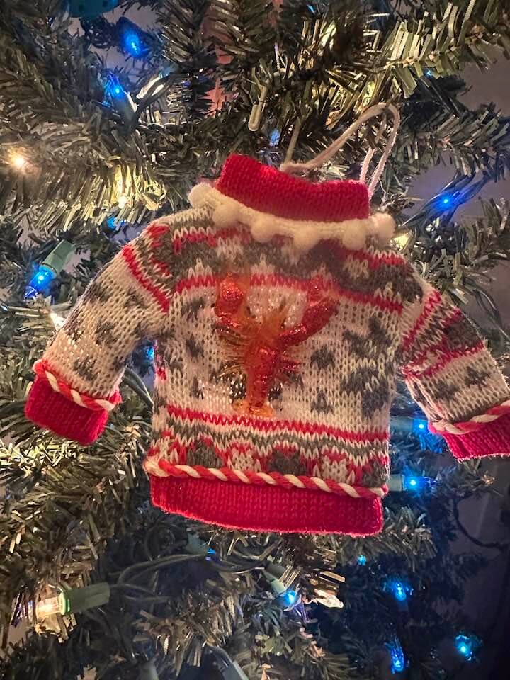 Crawfish knit ugly sweater Bayou Santa Claus Christmas Tree Holiday Ornament Cajun Creole Party Mardi Gras