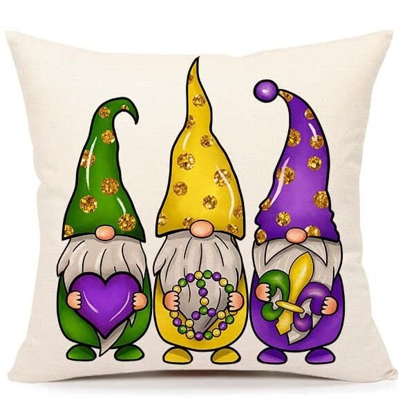 Mardi Gras Pillow Cover for Home Decorations Beads Fleur De Lis HARLEQUIN Mask Gnomes Farm Truck  purple green gold Decorative