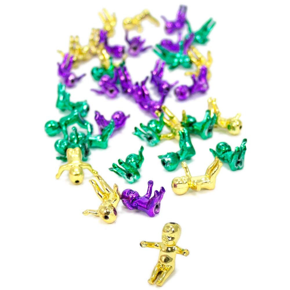 King Cake Babies in purple green and gold metallic finish. 4 dozen small King Cake Babies