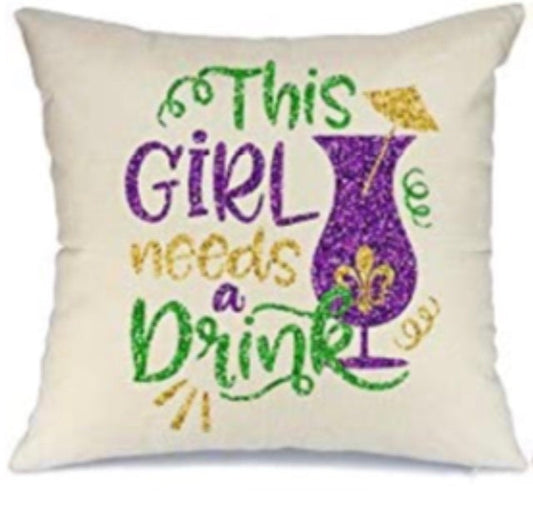 Mardi Gras Pillow Cover "This Girl Needs a Drink" for Home Decorations Beads Fleur De Lis  Throw Pillows Decorative Fat Tuesday