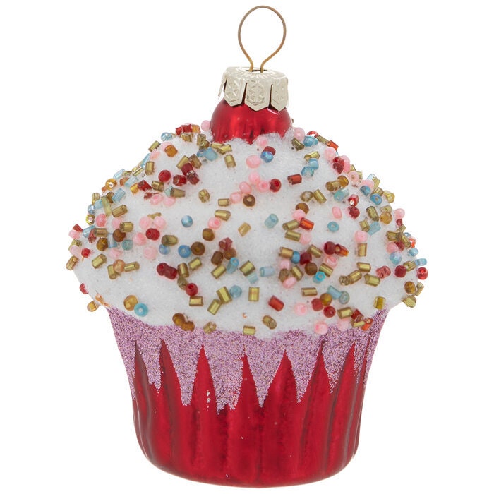 Mini Red Sprinkle Cupcake Glass chocolate Glitter Ornament Christmas Holiday Tree