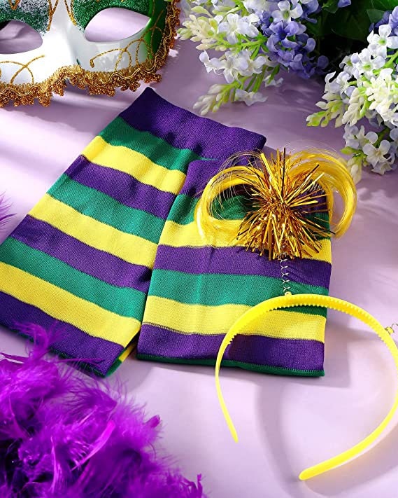 Socks Women Long Knee High Socks Knit Boot Stockings Mardi Gras Socks lady Winter Warm Purple green gold stripe Parade