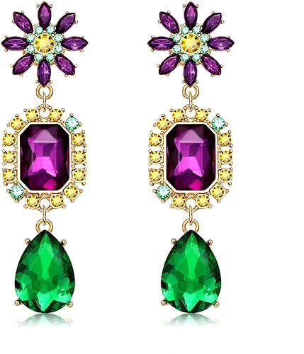 Mardi Gras crystal stone  Purple Green Gold Earrings parade ball masquerade