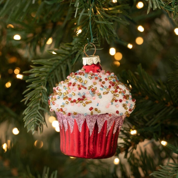 Mini Red Sprinkle Cupcake Glass chocolate Glitter Ornament Christmas Holiday Tree