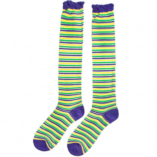 MARDI GRAS SHEER Purple Green Gold Stripes Knee Socks