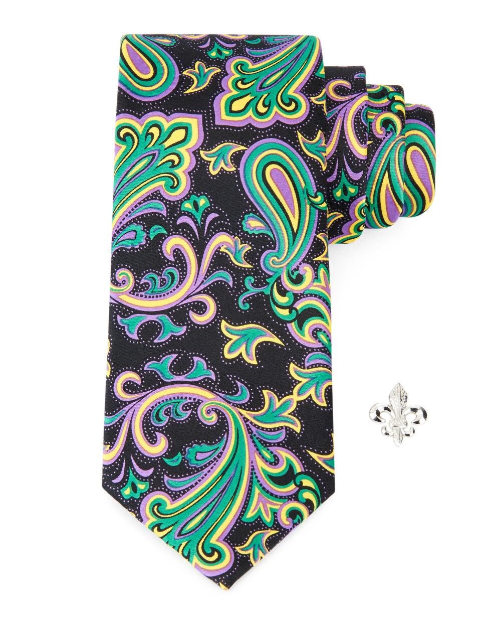 Mardi Gras Men's Paisley Print Tie & Lapel Pin Set Carnival Fat Tuesday Masquerade Costume Ball Gala